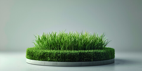 3d Render Of A Podium Made Of Grass On A White Background. A planter with green grass on it and a light on the top.
