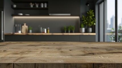 Selective focus on wooden kitchen island