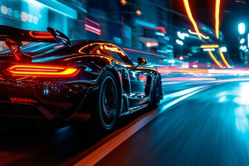 Fototapeta premium A high-speed sports car driving at night, Dynamic high-speed motion blur of a vibrant sports car on a city road, AI generated