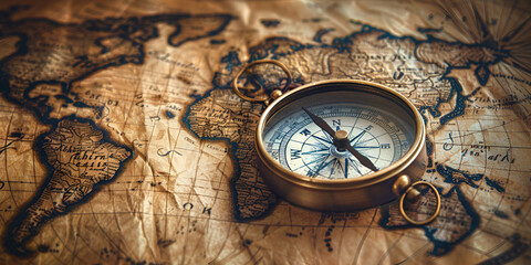 A compass sits on a map with the word " u " on it.