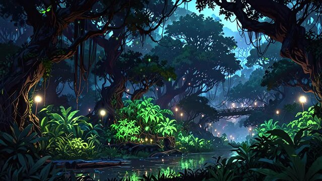 Multihued bioluminescent flora in the forest, shining crystals and trails, fireflies, Pandora at night, blue and pink light, majestic scenery in a glowing river, 4k looping video.