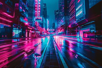 Obraz premium Urban Nightscape with Rain-Drenched Streets and Neon Reflections