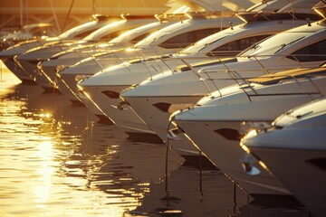 Fototapeta premium Tranquil harbor private boats at sunset with golden hour light, ideal for text placement