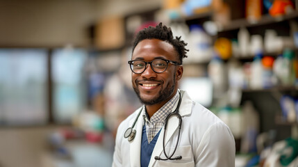 African American doctor smiling in a clinic