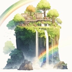 Illustration of fairy tale forest with waterfall and rainbow