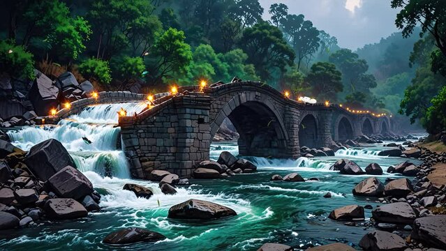Tropical forest area featuring a river waterfall, lush green trees, and a crossing bridge, presented in a 4k looping video.