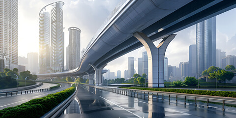 A freeway bridge over a city street with tall buildings in the background. 