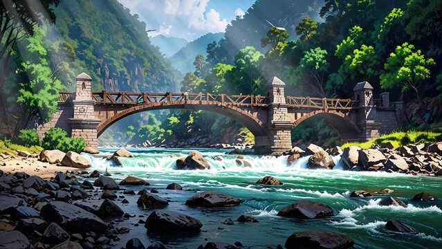 4k looping video showcasing a river waterfall, verdant trees, and a bridge crossing in a tropical forest setting.