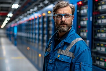 Obraz premium Portrait of a technician in a data center, showcasing the human element in technology infrastructure management and cybersecurity