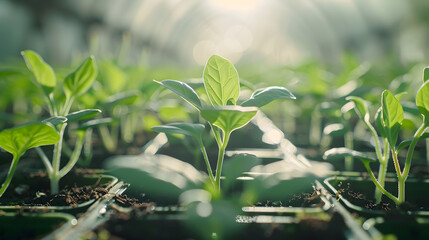 A row of green plants in a greenhouse