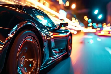 A high-speed sports car driving at night time , AI generated