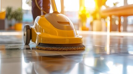 Efficient floor cleaning with modern machinery in a contemporary office building