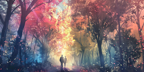 Ethereal Forest: A couple walking through an ethereal forest, with pastel-colored trees and soft, diffused light filtering through the leaves, creating a magical and enchanting atmosphere