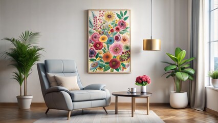 Abstract paper cut floral poster on the white wall and recliner chair. Interior design of modern living room