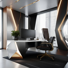 Step into a sleek and futuristic office space, where cutting-edge technology meets modern design. The walls are adorned with sleek screens and the furniture is made of sleek, metallic materials