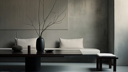 Stylish sofa along the wall. Real estate, villa, minimalist room, sofa, copy space, mock-up