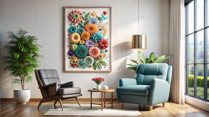 Fototapeta premium Abstract paper cut floral poster on the white wall and recliner chair. Interior design of modern living room