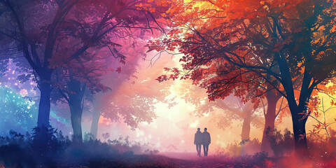 Fototapeta premium Ethereal Forest: A couple walking through an ethereal forest, with pastel-colored trees and soft, diffused light filtering through the leaves, creating a magical and enchanting atmosphere