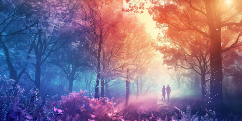 Fototapeta premium Ethereal Forest: A couple walking through an ethereal forest, with pastel-colored trees and soft, diffused light filtering through the leaves, creating a magical and enchanting atmosphere