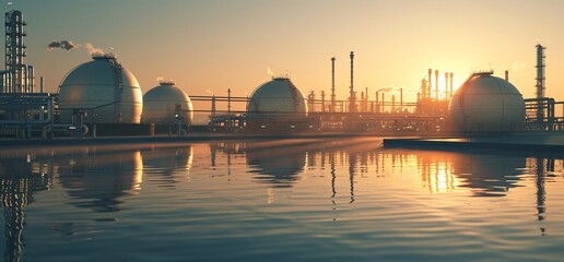 Fototapeta premium Industrial Sunset: Refinery Facility with Gas Storage Tanks