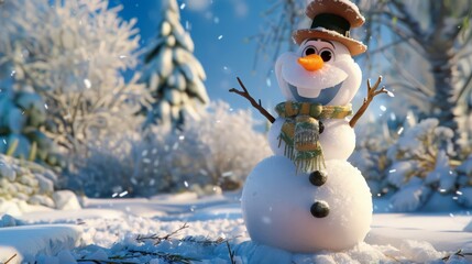 Adorned with a carrot nose and a wide grin, the snowman radiates warmth and charm amidst the frosty winter scenery