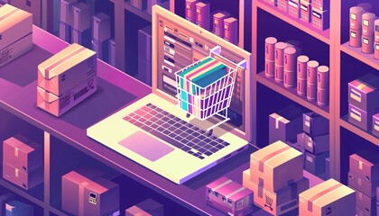 Digital Artwork of a Surreal E-commerce Scene with Vibrant Colors and Playful Elements