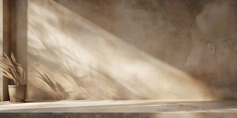  white empty room with shadow plant on white wall, empty white marble stone counter table top with shadow , beige brown luxury wall for product display presentation