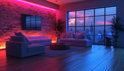 Modern living room with red and blue LED lights, brick wall, and city view