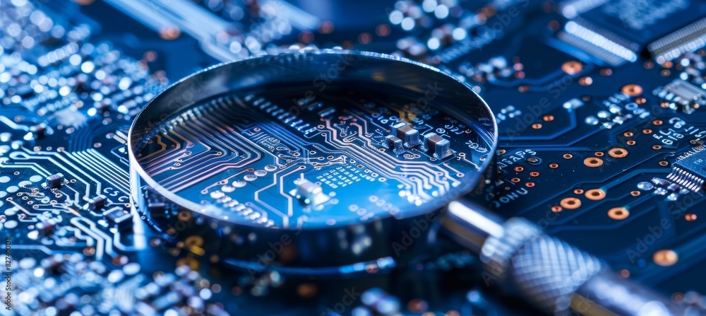 Poster macro view of computer microchips examined through magnifying glass with space for text