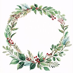 Fototapeta premium Watercolor Wreath with Berries and Pinecones