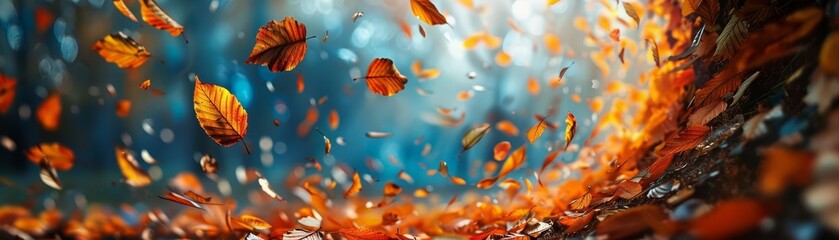 A vibrant swirling vortex of autumn leaves, captured in midair during a gusty wind, Close up