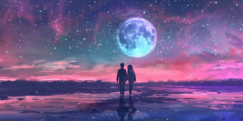 Obraz premium Midnight Stroll: A couple walking hand in hand under a pastel-colored moonlit sky, with stars twinkling overhead, enjoying a quiet and romantic nighttime walk