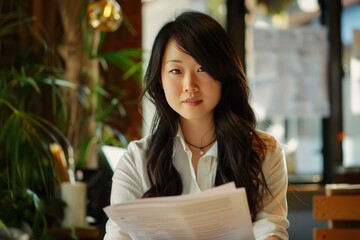 Focused asian businesswoman reviewing documents and strategizing in a modern urban cafe, exhibiting determination and diligence in her professional occupation as a young adult executive - Powered by Adobe