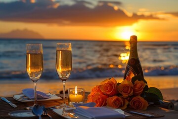 Romanic Beach Sunset with Champagne and Flowers
