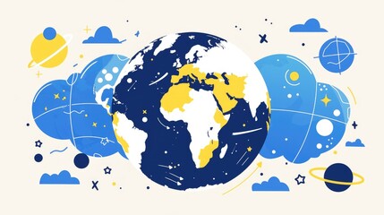 Naklejka premium A charming hand drawn cartoon depiction of Earth showcasing two different angles of the planet highlighting the continents of America Europe and Africa on a world map This outline drawing f