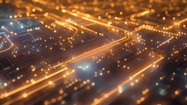 A circuit board with a chaotic arrangement of pathways resembling the unpredictable trajectory of particles in a highenergy accelerator.