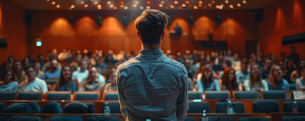 A young entrepreneur speaking at a startup seminar, engaging the audience with their success story, knolling