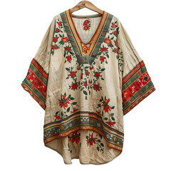 Front view of a bohemian women's tunic on a wooden hanger isolated on a white transparent background