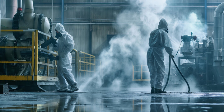Industrial cleaning staff in protective gear conduct deep cleaning with high pressure equipment in a factory