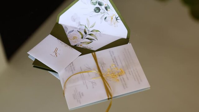 wedding invitation wrapped with opaque paper with initials W and S printed on the envelope 60fps