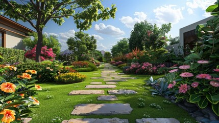 The colorful garden with stone slab path