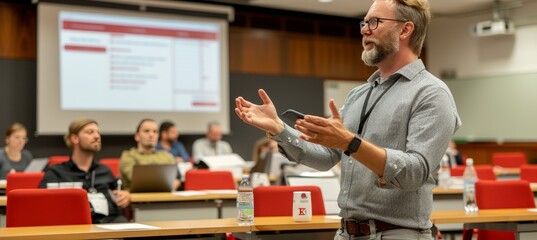 Corporate training seminar  staff learning and engaging in auditorium during business workshop