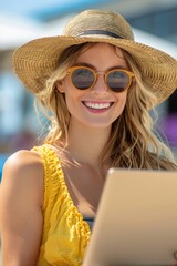 Woman using laptop at the beach on summer vacation, working remotely on a sunny day