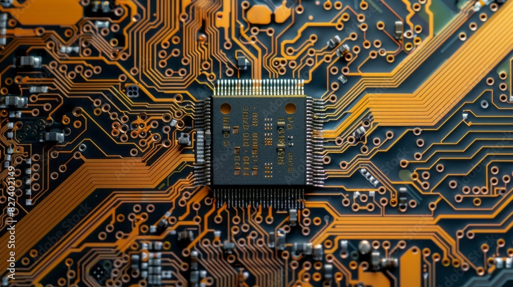 Poster a close up of a computer chip with a black and orange background