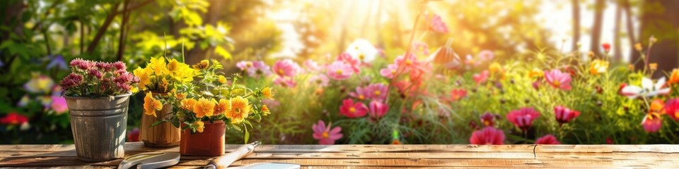 Fototapeta premium Gardening tools and utensils in a green meadow, garden maintenance, landscaping and hobby ideas. Sunlight.