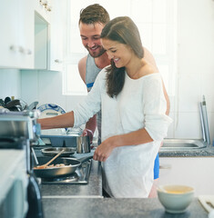 Cooking, pan and couple in kitchen with food for meal prep for breakfast, lunch and frying in home....