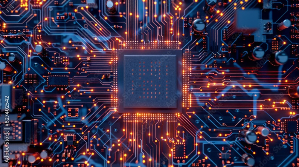 Poster a close up of a computer chip with a bright orange glow