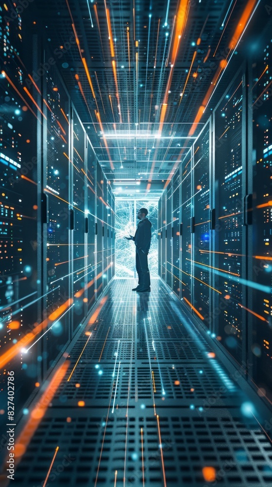 Poster A man is standing in a long, narrow room with a computer screen in front of him