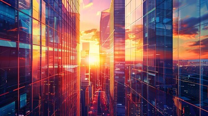 Obraz premium Cyberpunk Cityscape with Reflective Glass Buildings at Sunset