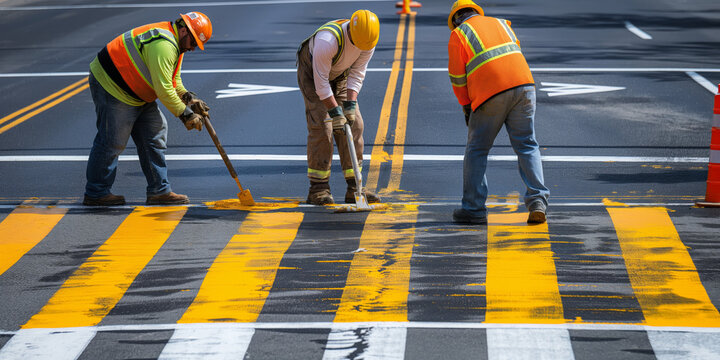 A group of road workers in safety vests are restriping a road with bright white paint, improving the traffic lines